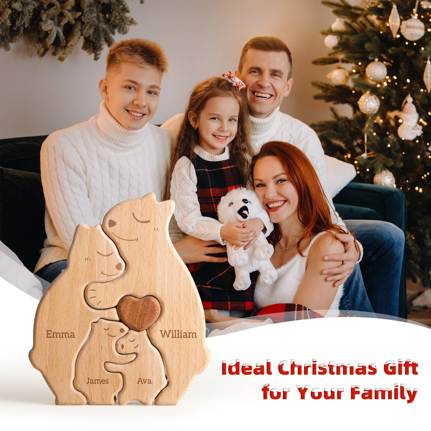 Wooden Bears Family Puzzle, Personalized Jigsaw Puzzles for Adults and Kids with 2-5 Names