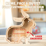 Personalized Wooden Rabbit Piggy Bank - Custom Name, Face & Outfit | Kids' Educational Money Bank (Birthday, Easter, Anniversary Keepsake)