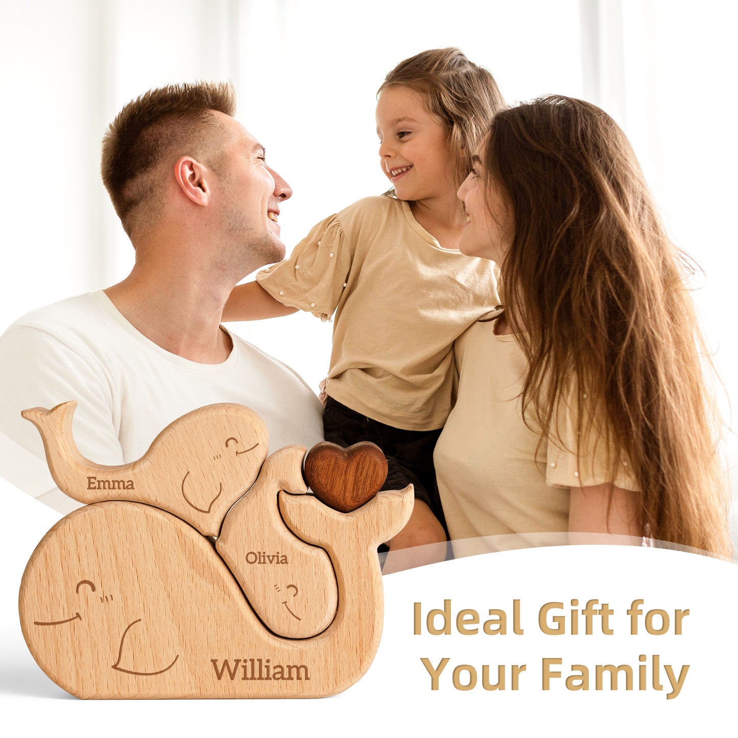 Wooden Whales Family Puzzle, Personalized Puzzles with 2-5 Names, Birthday Anniversary Wedding Gifts for Women Men, Customized Home Decor Housewarming Gifts for Parents Couple Friends