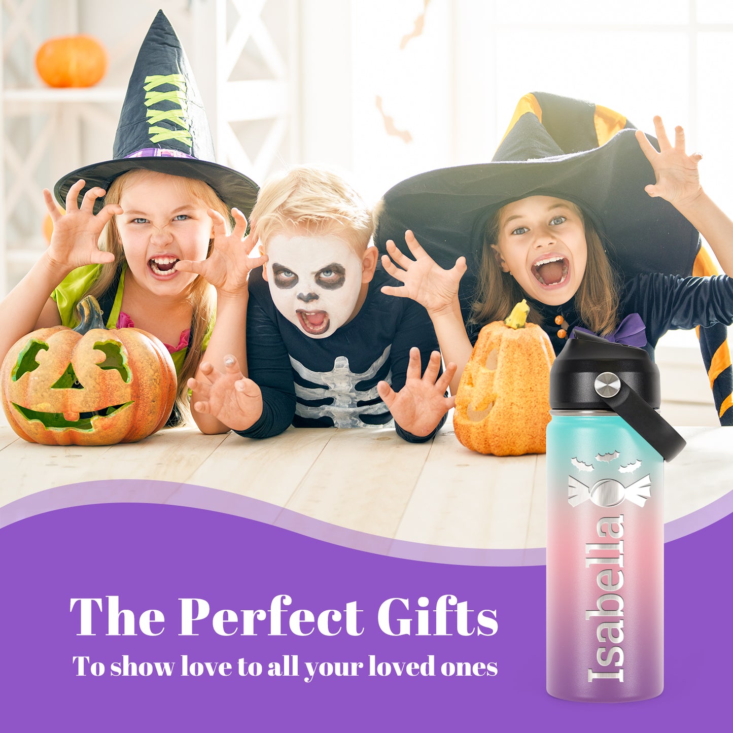 Halloween Personalized Water Bottles for Kids, 18 oz Custom Sports Bottles w/Name & Icons, Double Wall Insulated BPA Free w/Lid Straw & Handle, Customize Halloween Gifts for Girls Boys