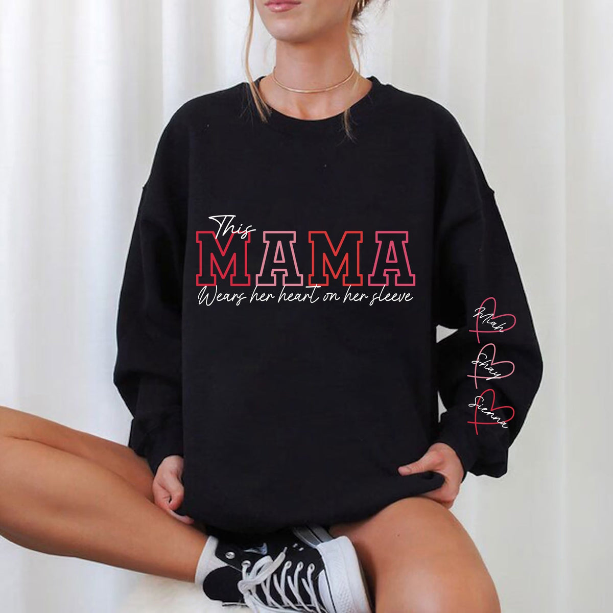 Wear Your Heart on Your Sleeve – Personalized Mama Sweatshirt with Kids’ Names | for Mom and Grandma Gift