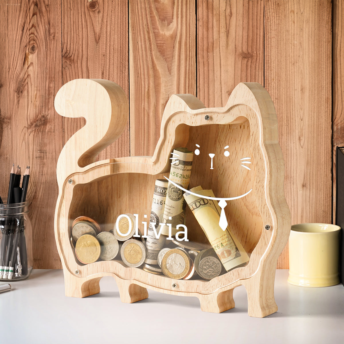 Wooden Cat Piggy Banks for Kids, Personalized Cat Coin Bank with Name, Custom Gifts for Kids Birthday & Decor, Wooden Cashbox Money Jar Educational Toy for Boys Girls
