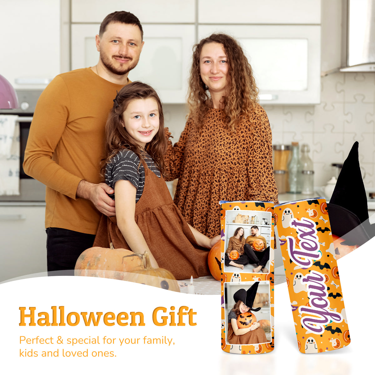 Halloween Decorations, Personalized Tumbler with Photo Text Name Straw Lid Personalized Gifts, 20oz Skinny Custom Tumbler Insulated Travel Coffee Mug for Halloween Party Favors
