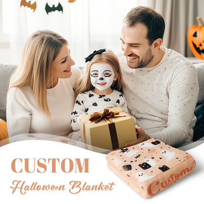 Halloween Throw Blanket Cute Pink Ghost and Pumpkin Candle Blanket with Personalized Name Soft Fuzzy Plush for Couch Sofa or Bed Luxury Flannel Lap Blanket for Kids Adults Wife Self