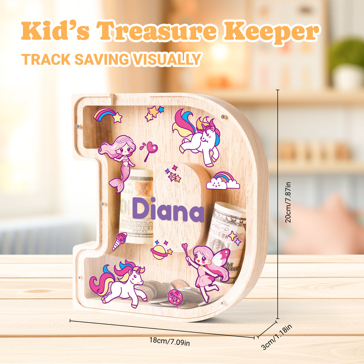 Personalized Wooden Letter Piggy Bank - Colorful Unicorn Style