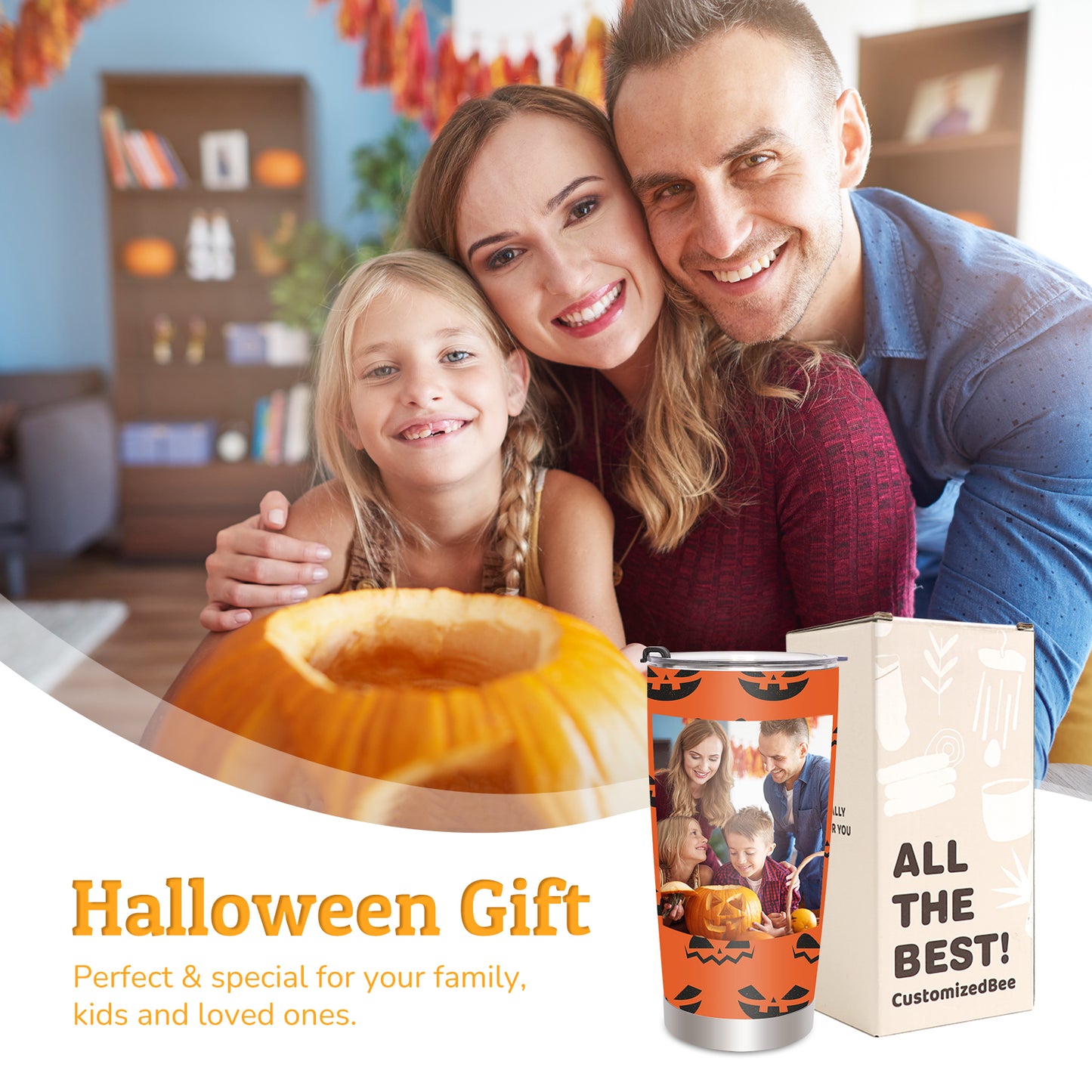 Halloween Tumbler Ghost Skull Pumpkin Stainless Steel Travel Tumbler Spooky Coffee Mug Cup for Women Birthday Horror Gift Personalized 20oz Tumbler Cup with Picture Text Name