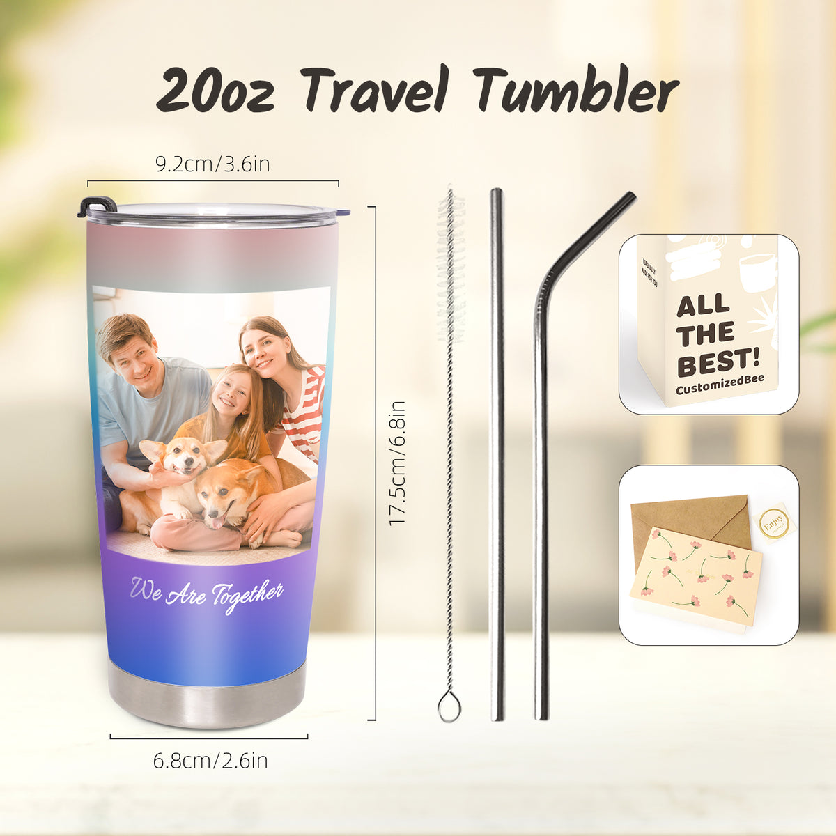 Personalized Tumbler with Picture Text Name Logo, Travel Coffee Mug with Lid Straw, 20 oz Tumbler Personalized Gifts for Couples Friends Families