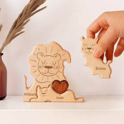 Wooden Lion Family Puzzle, Personalized Puzzles with 2-5 Names, Birthday Anniversary Wedding Gifts for Women Men, Customized Home Decor Housewarming Gifts for Parents Couple Friends