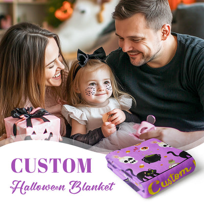 Custom Halloween Blanket, Personalized Skull and Black Cat Cozy Fleece Name Blanket for Kids Boys Girls Women Men, Cozy Plush Name Blanket Halloween Decor Gift for Toddlers Kids Couch