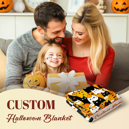 Halloween Blanket Personalized with Name, Cat Pumpkin Cozy Fleece Custom Throw Blanket for Couch Bed Room Decor, for Kids Adults Family Friends