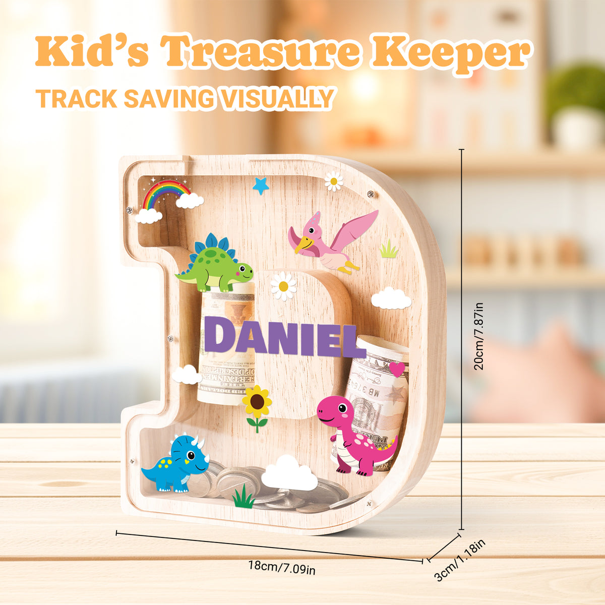 Personalized Wooden Letter Piggy Bank - Colorful Dinosaur Style