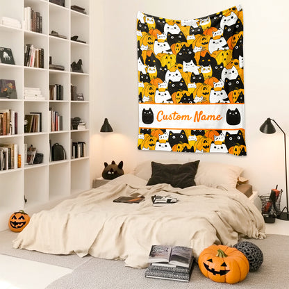 Halloween Blanket Personalized with Name, Cat Pumpkin Cozy Fleece Custom Throw Blanket for Couch Bed Room Decor, for Kids Adults Family Friends