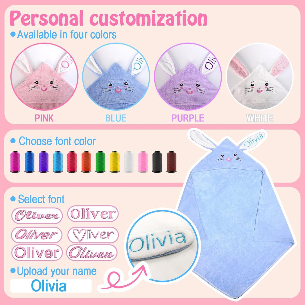 Custom Name Hooded Bunny Bath Towel - Personalized & Absorbent. Perfect for baby boys & girls as Easter, Birthday, or Shower Gifts. Suitable for toddlers and newborns
