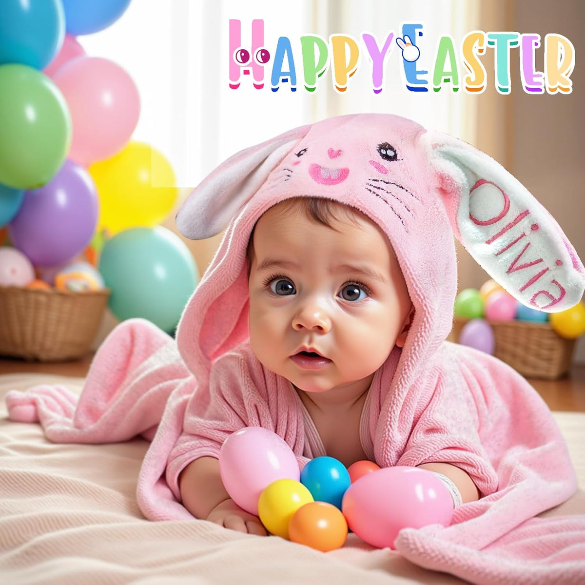 Custom Name Hooded Bunny Bath Towel - Personalized & Absorbent. Perfect for baby boys & girls as Easter, Birthday, or Shower Gifts. Suitable for toddlers and newborns