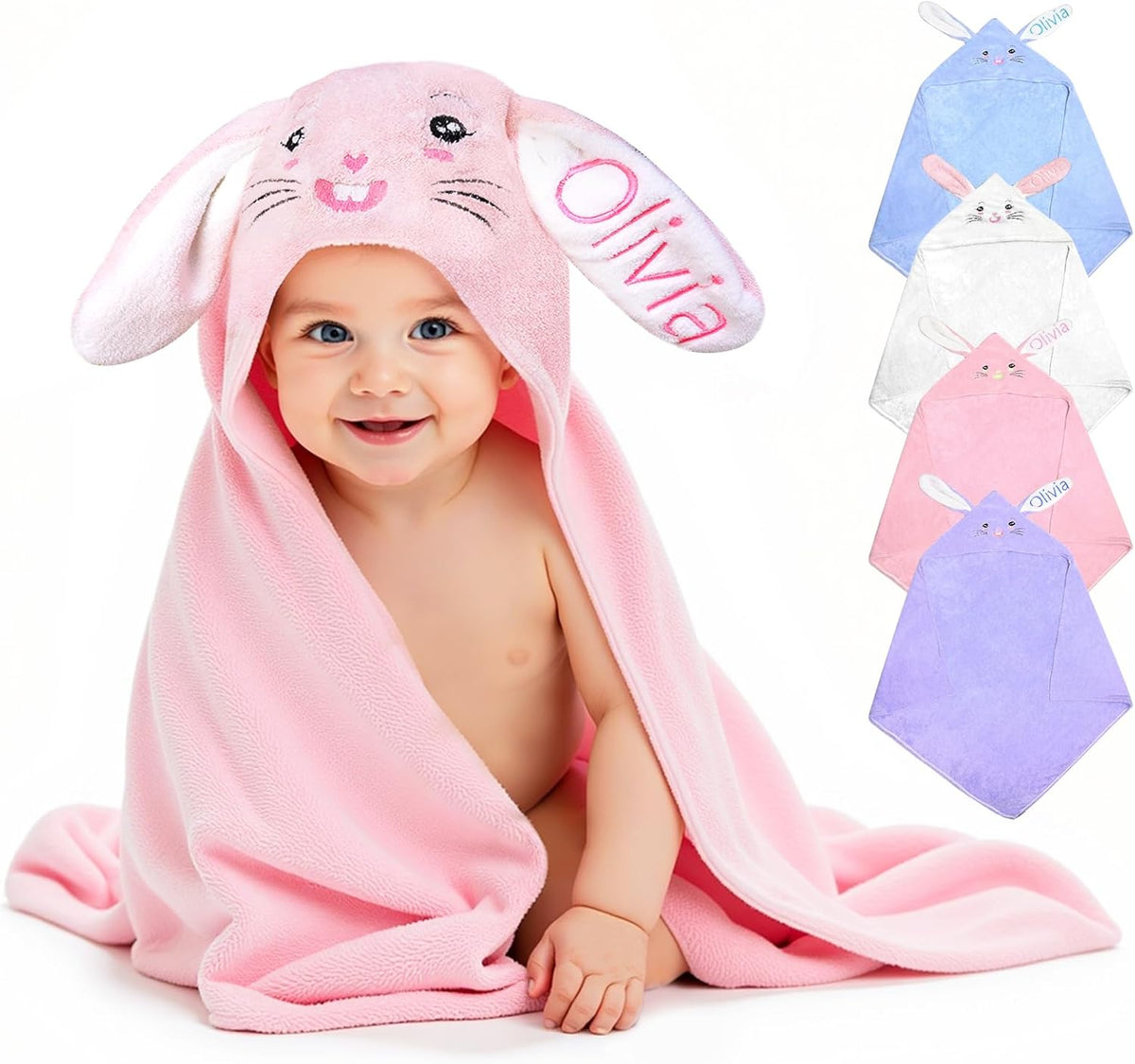 Custom Name Hooded Bunny Bath Towel - Personalized & Absorbent. Perfect for baby boys & girls as Easter, Birthday, or Shower Gifts. Suitable for toddlers and newborns