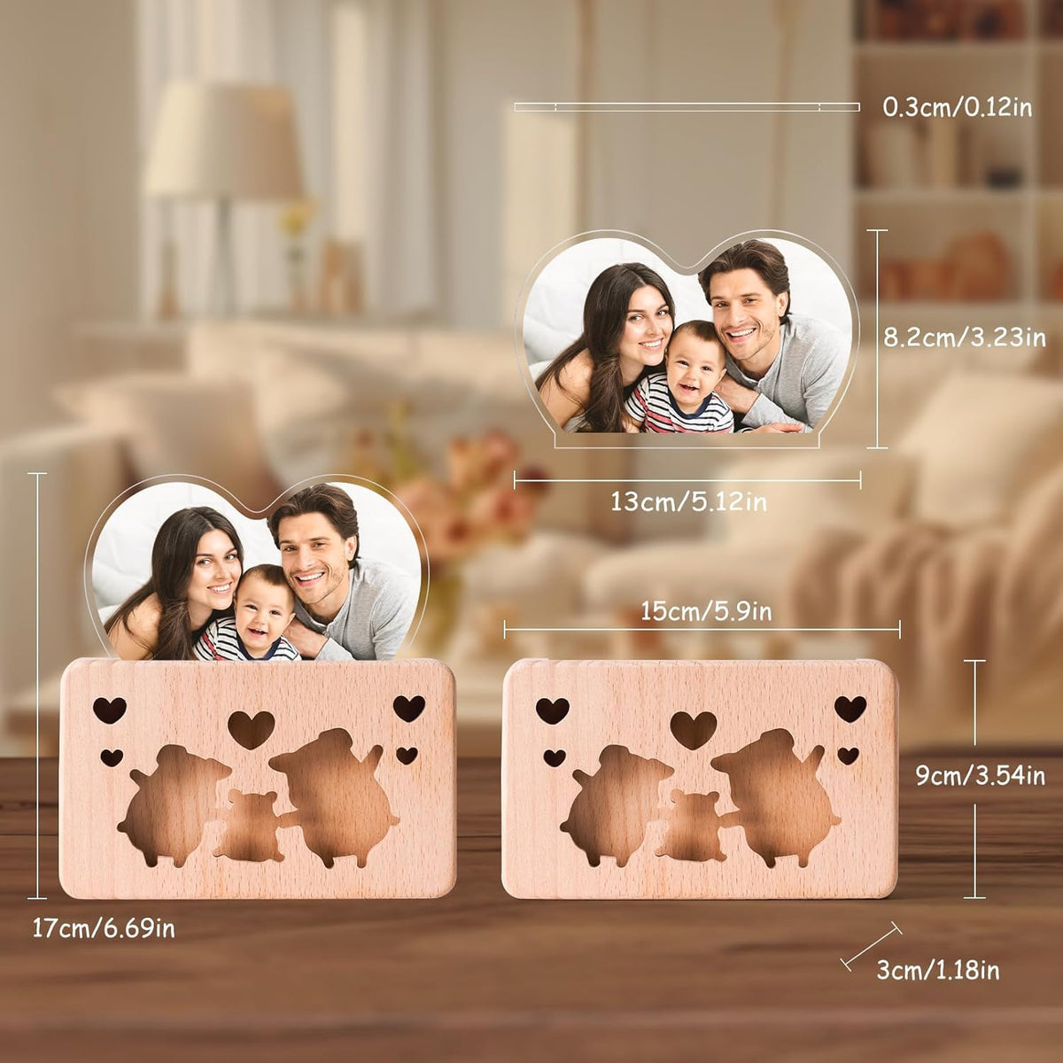 Personalized Mothers Gifts for Mom, Custom Night Light with Photo Frame, Memorial Picture Frames with Customized Wooden Base, Mother's Day Anniversary Birthday Gifts for Family Kids Couples (Piggy)