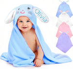 Custom Name Hooded Bunny Bath Towel - Personalized & Absorbent. Perfect for baby boys & girls as Easter, Birthday, or Shower Gifts. Suitable for toddlers and newborns
