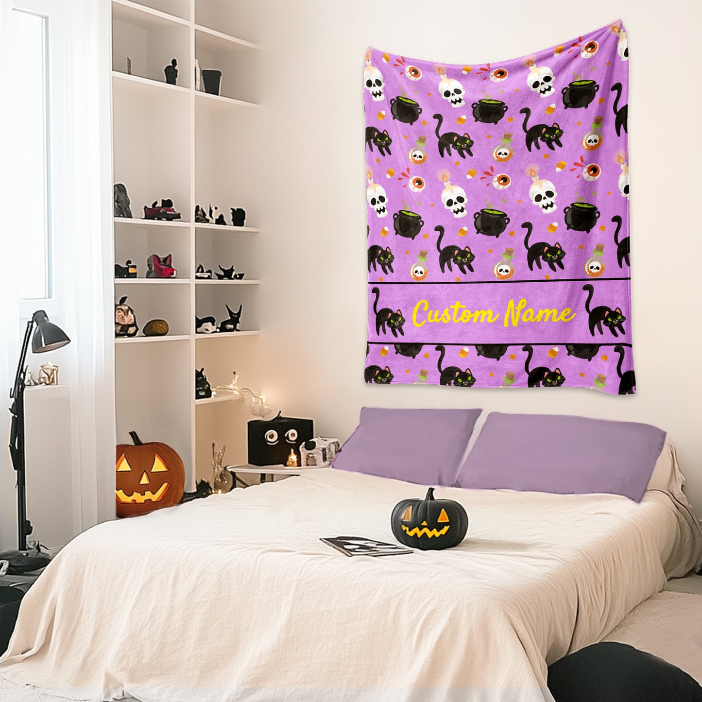 Custom Halloween Blanket, Personalized Skull and Black Cat Cozy Fleece Name Blanket for Kids Boys Girls Women Men, Cozy Plush Name Blanket Halloween Decor Gift for Toddlers Kids Couch