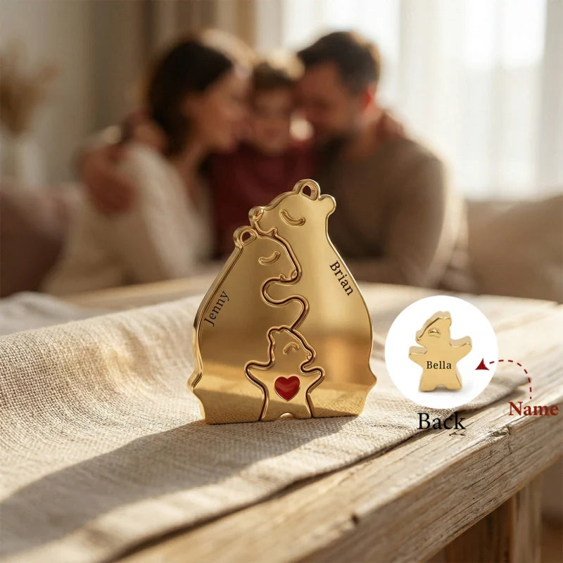 Personalized Bear Family Necklace - 18K Gold Plated Custom Name Pendants