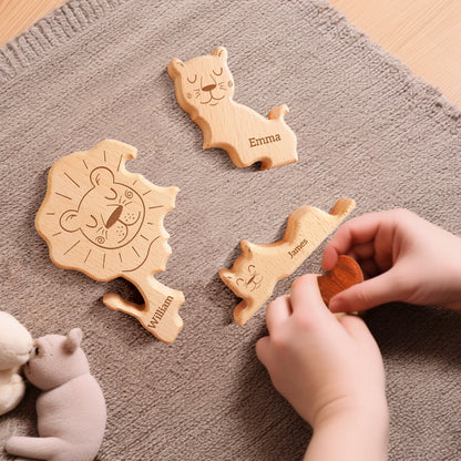 Wooden Lion Family Puzzle, Personalized Puzzles with 2-5 Names, Birthday Anniversary Wedding Gifts for Women Men, Customized Home Decor Housewarming Gifts for Parents Couple Friends