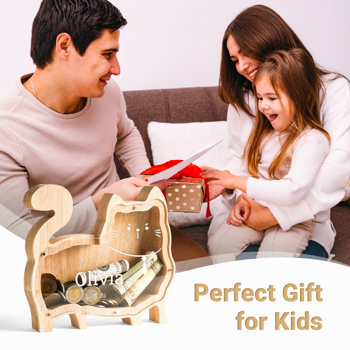 Wooden Cat Piggy Banks for Kids, Personalized Cat Coin Bank with Name, Custom Gifts for Kids Birthday & Decor, Wooden Cashbox Money Jar Educational Toy for Boys Girls
