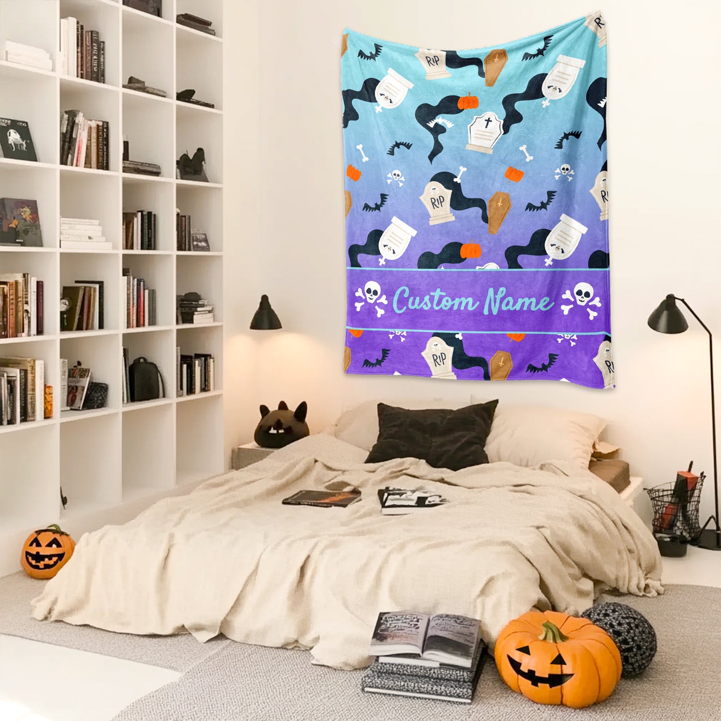 Custom Halloween Blanket with Name Text, Personalized Tombstone Ghost Blankets for Boys Girls, Unique Halloween Decorations Throw Blanket Gifts for Kids Women Men