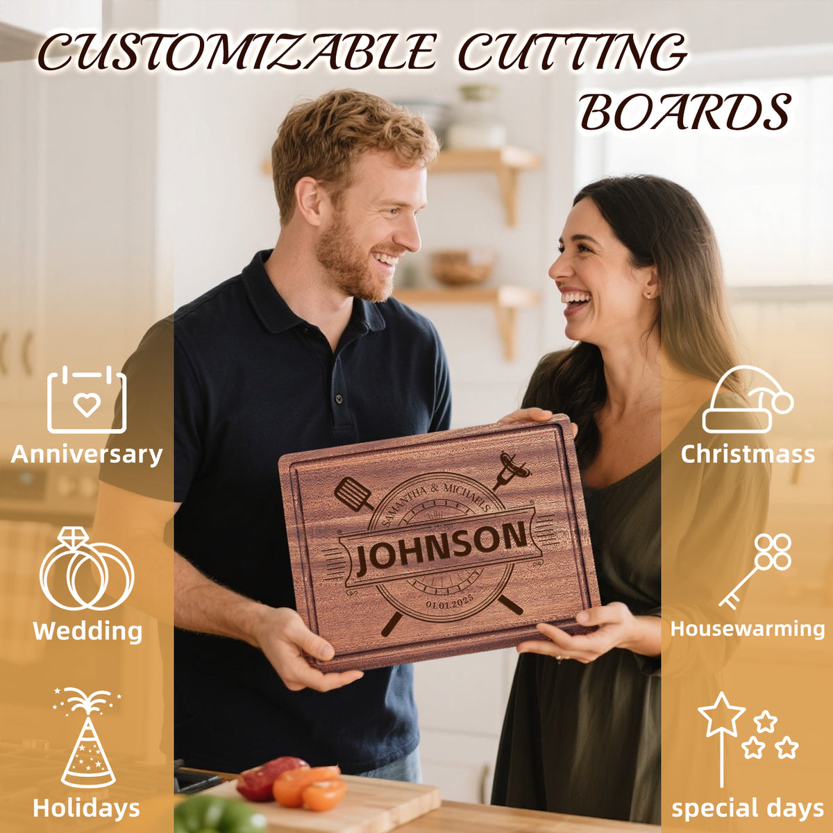 Personalized Wood Cutting Board – Custom Engraved with Names Dates – Gift for Weddings, Anniversaries, Housewarmings. Functional Serving Platter (11x8.3 Inches)