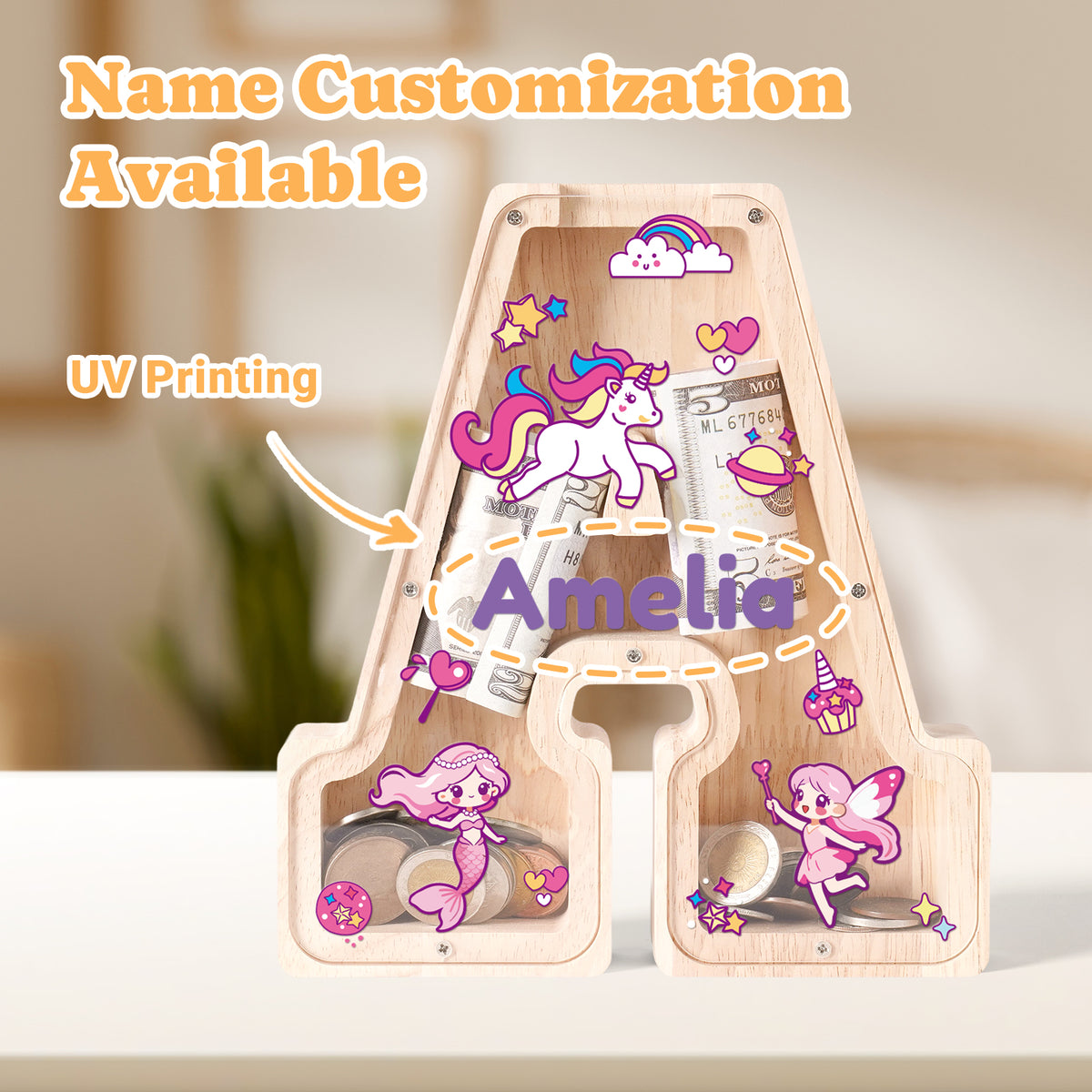 Personalized Wooden Letter Piggy Bank - Colorful Unicorn Style