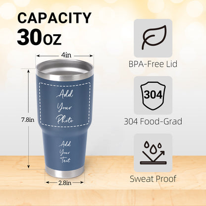 Customizedbee Personalized Tumbler with Picture Text Name Logo, 30oz Stainless Steel Custom Coffee Mug cup with Lid Straw, Anniversary Wedding Teacher Graduation Birthday Gifts for Women Men Kid