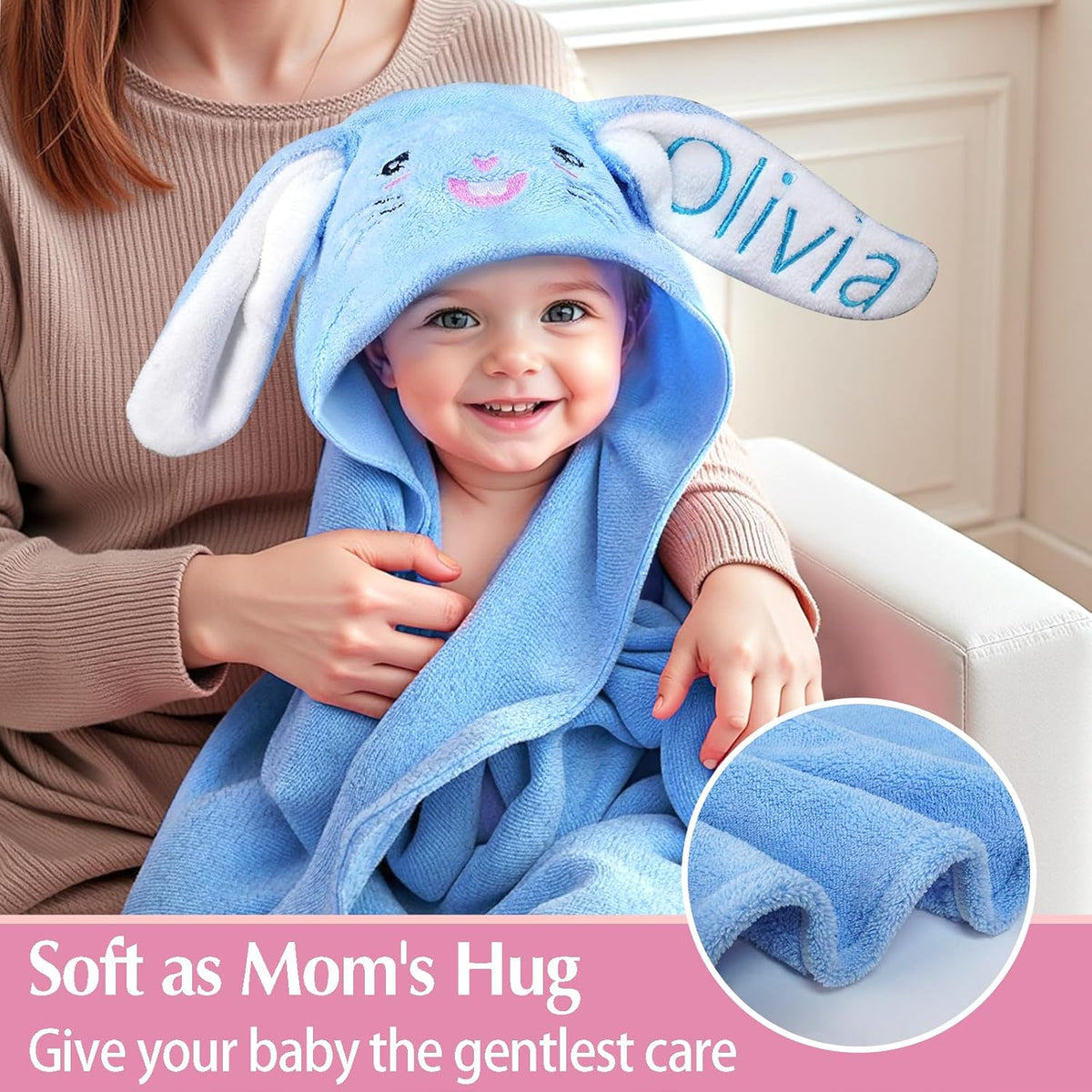 Custom Name Hooded Bunny Bath Towel - Personalized & Absorbent. Perfect for baby boys & girls as Easter, Birthday, or Shower Gifts. Suitable for toddlers and newborns