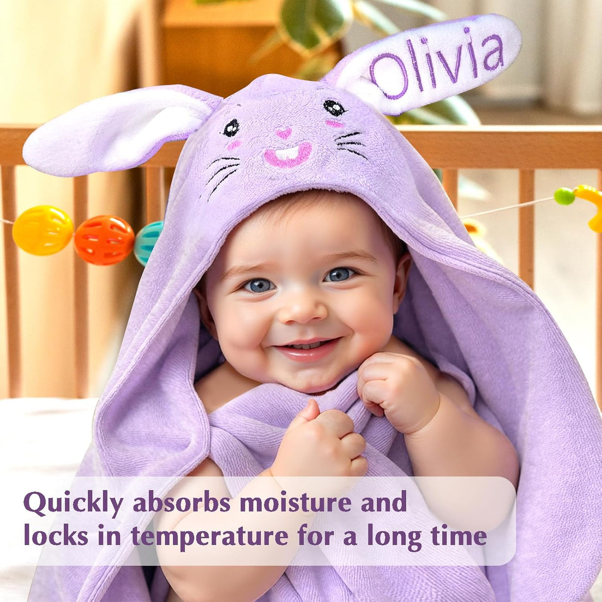 Custom Name Hooded Bunny Bath Towel - Personalized & Absorbent. Perfect for baby boys & girls as Easter, Birthday, or Shower Gifts. Suitable for toddlers and newborns