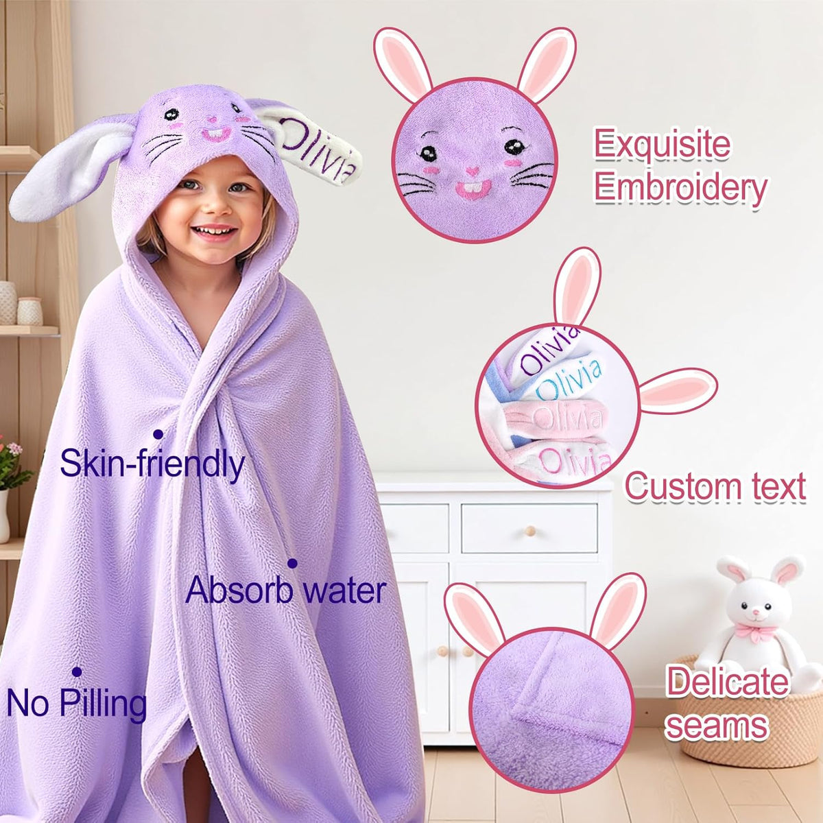 Custom Name Hooded Bunny Bath Towel - Personalized & Absorbent. Perfect for baby boys & girls as Easter, Birthday, or Shower Gifts. Suitable for toddlers and newborns