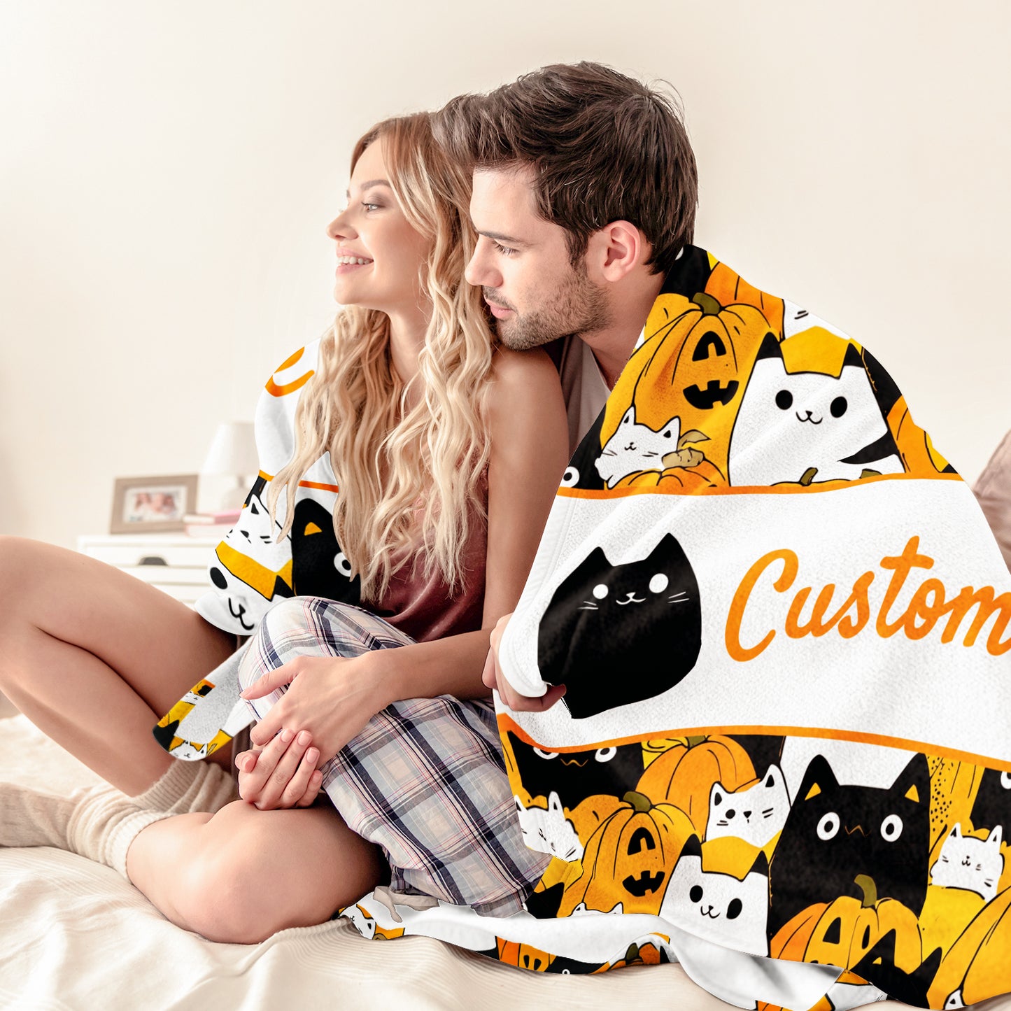 Halloween Blanket Personalized with Name, Cat Pumpkin Cozy Fleece Custom Throw Blanket for Couch Bed Room Decor, for Kids Adults Family Friends