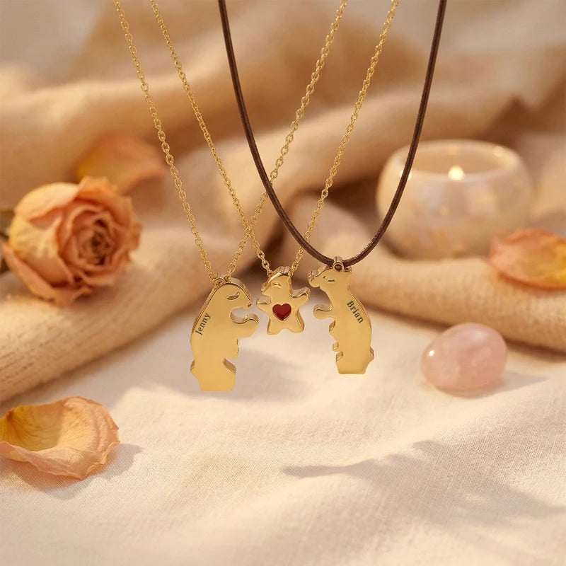Personalized Bear Family Necklace - 18K Gold Plated Custom Name Pendants