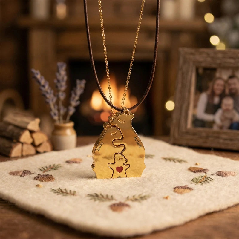 Personalized Bear Family Necklace - 18K Gold Plated Custom Name Pendants