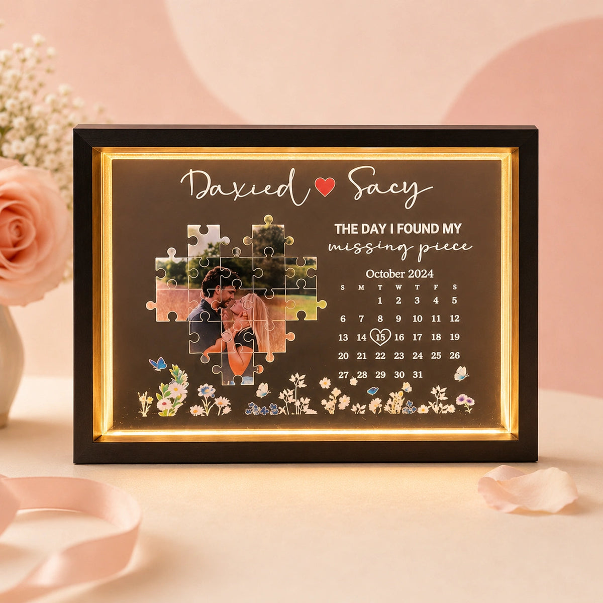 Personalized "Missing Piece" Photo Light Frame - Custom Anniversary Calendar Gift for Couples