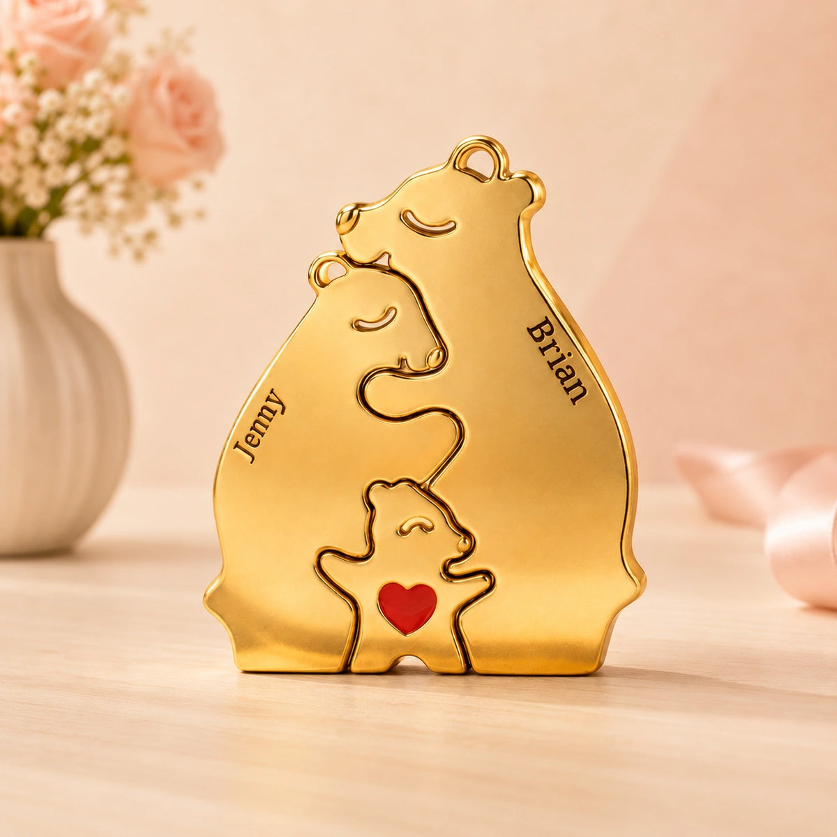 Personalized Bear Family Necklace - 18K Gold Plated Custom Name Pendants