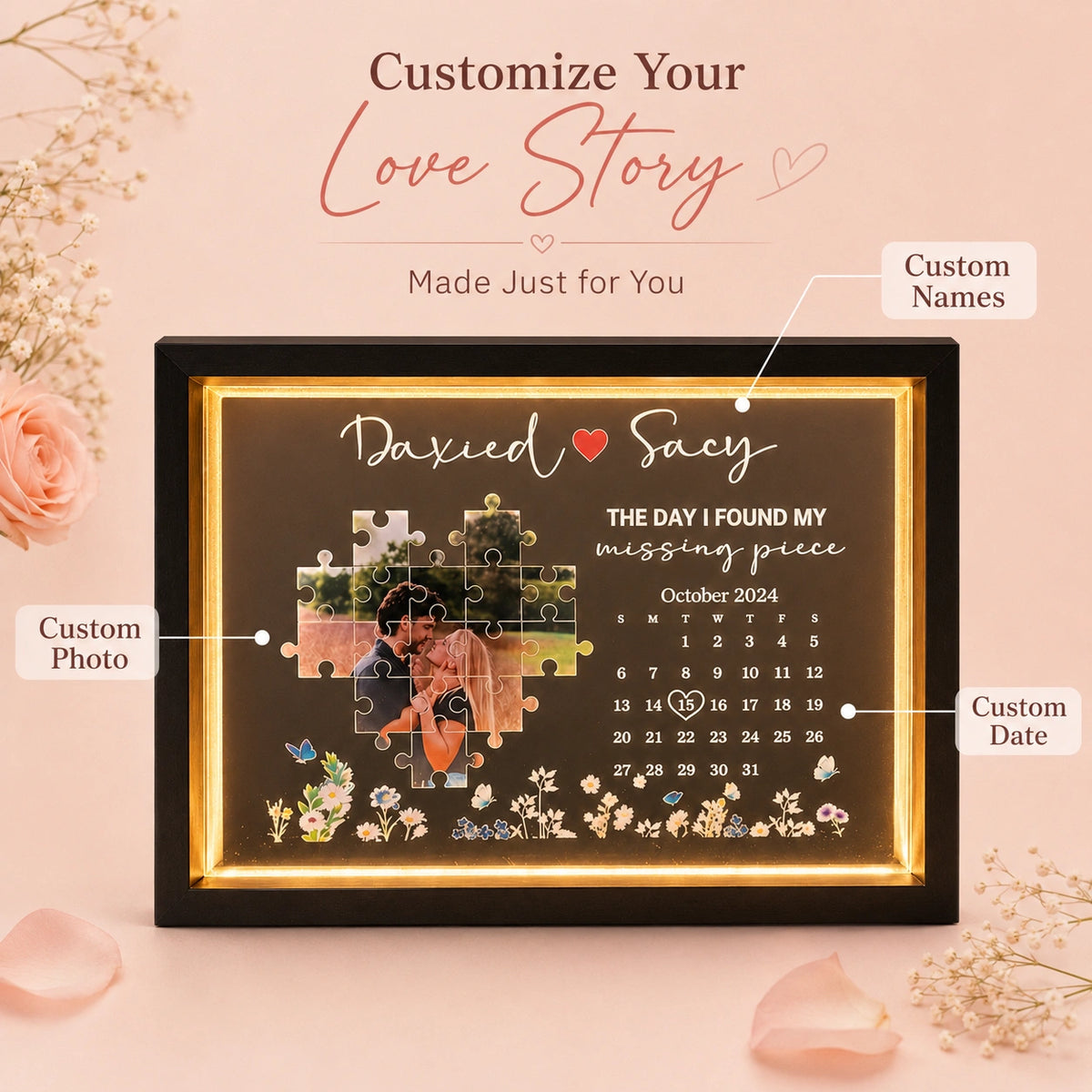 Personalized "Missing Piece" Photo Light Frame - Custom Anniversary Calendar Gift for Couples