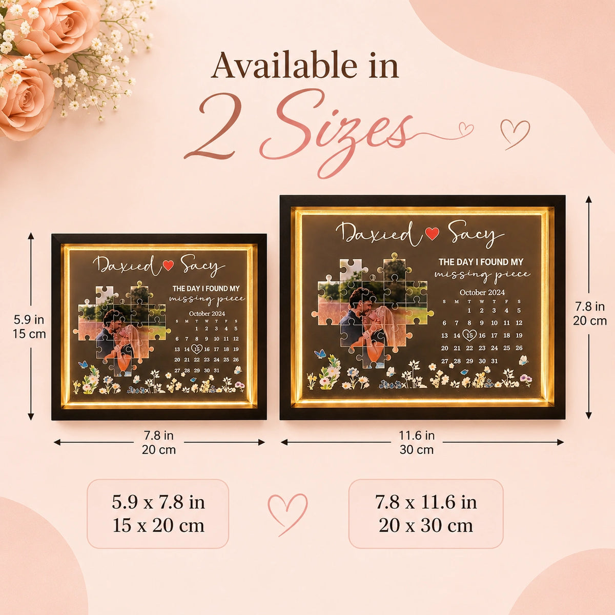 Personalized "Missing Piece" Photo Light Frame - Custom Anniversary Calendar Gift for Couples