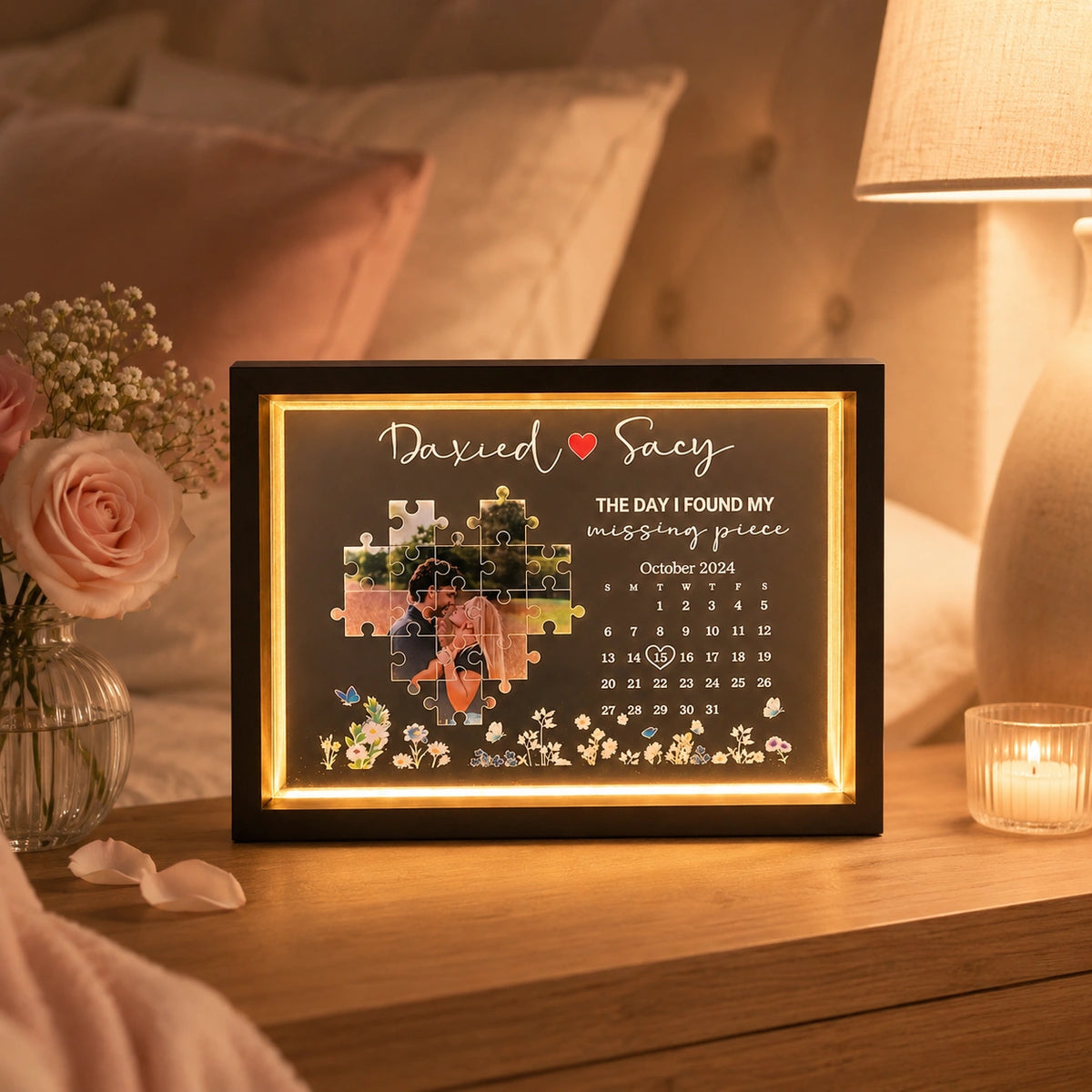Personalized "Missing Piece" Photo Light Frame - Custom Anniversary Calendar Gift for Couples