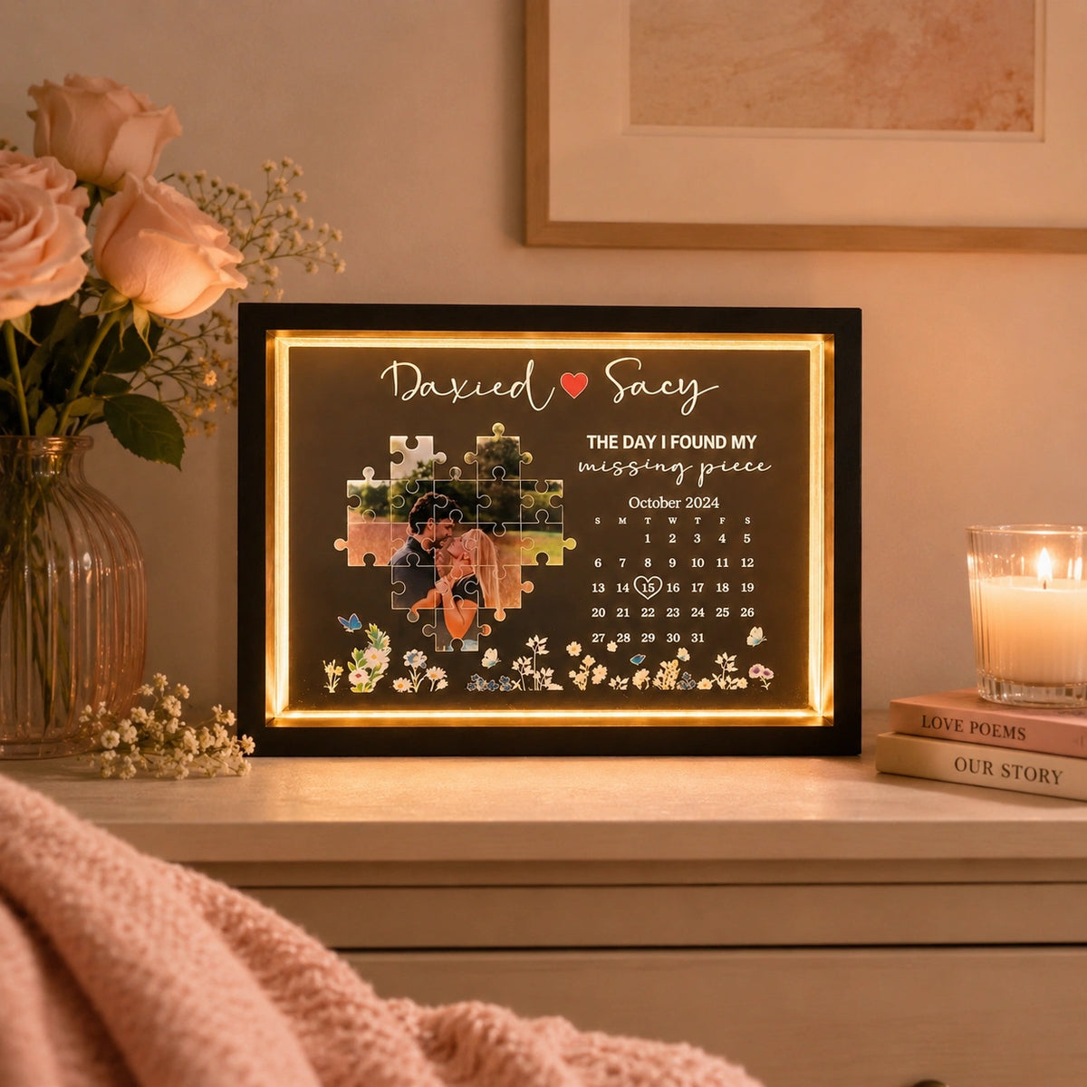 Personalized "Missing Piece" Photo Light Frame - Custom Anniversary Calendar Gift for Couples