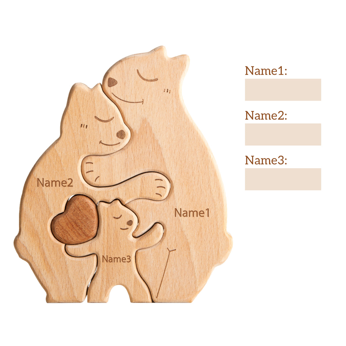 Wooden Bears Family Puzzle, Personalized Jigsaw Puzzles for Adults and Kids with 2-5 Names