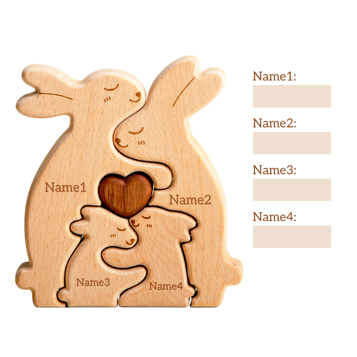 Customizedbee Rabbit Family Puzzle, Personalized Wooden Puzzles with 2–5 Names, Unique Easter Basket Stuffers for Lucky