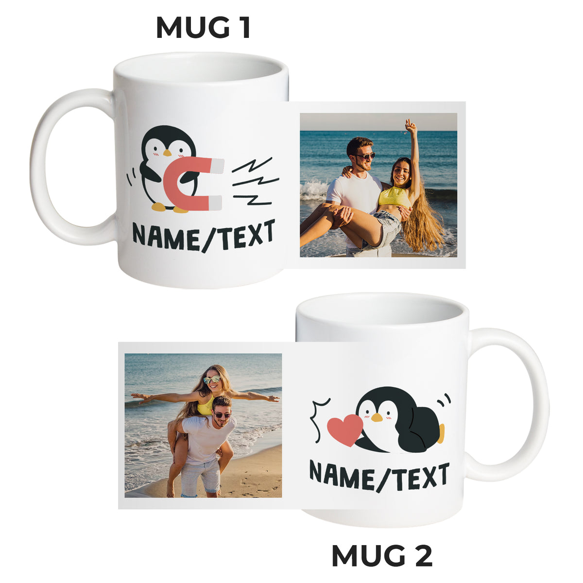Customizedbee Romantic Couple Series Cute Penguin Mug Set of 2 - Unique Valentine Mug with Custom Name Photo