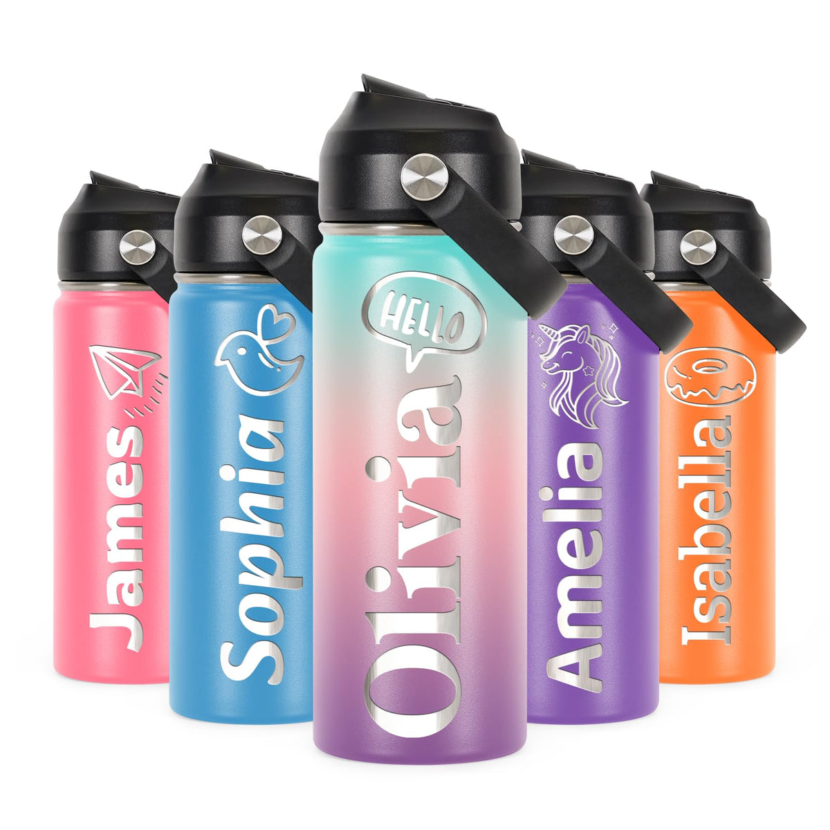 Personalized Insulated Water Bottle w/Name, 18oz Custom Stainless Steel Sports Water Bottles w/Handle Straw & Lid for Kids, Customized Gifts for Girls Boys Women Men School Sports Travel