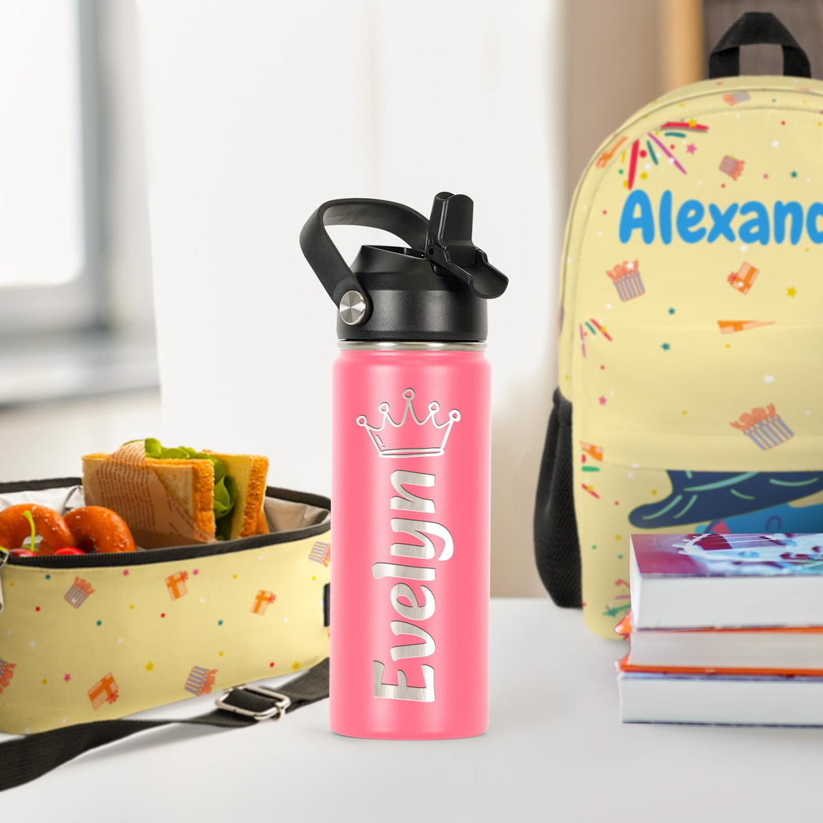 Personalized Insulated Water Bottle w/Name, 18oz Custom Stainless Steel Sports Water Bottles w/Handle Straw & Lid for Kids, Customized Gifts for Girls Boys Women Men School Sports Travel